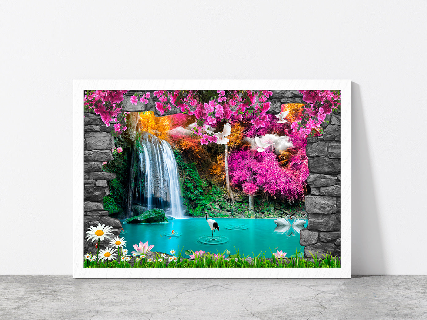 Nature & Stone Arch Waterfall Glass Framed Wall Art, Ready to Hang Quality Print Without White Border White