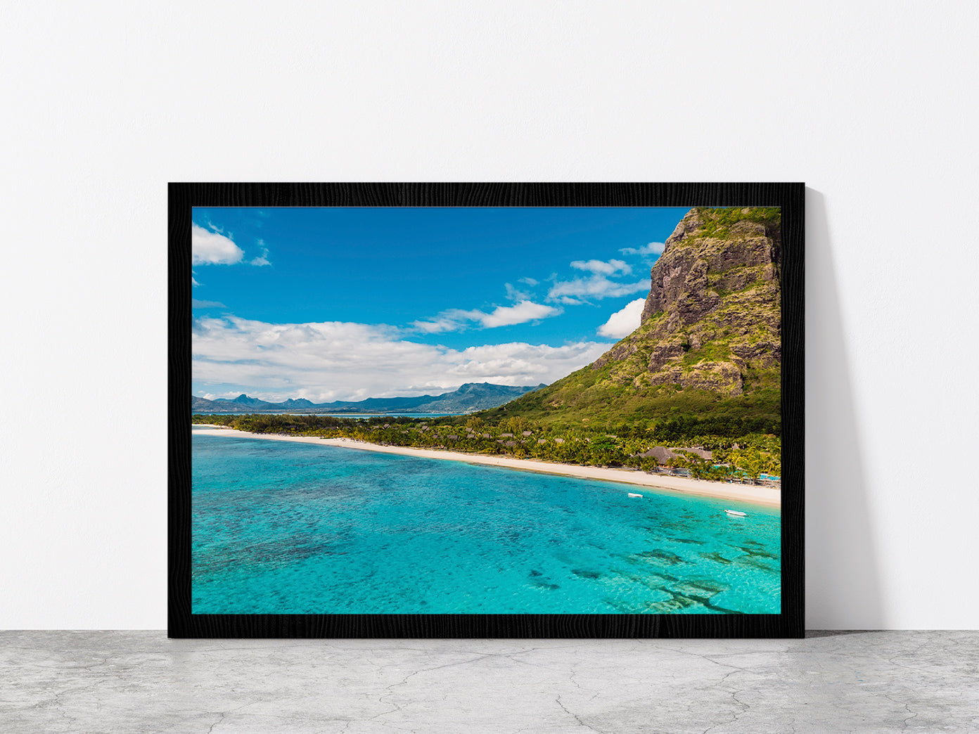 Le Morne Mountain In Island Beach Glass Framed Wall Art, Ready to Hang Quality Print Without White Border Black