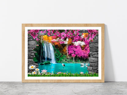Nature & Stone Arch Waterfall Glass Framed Wall Art, Ready to Hang Quality Print With White Border Oak