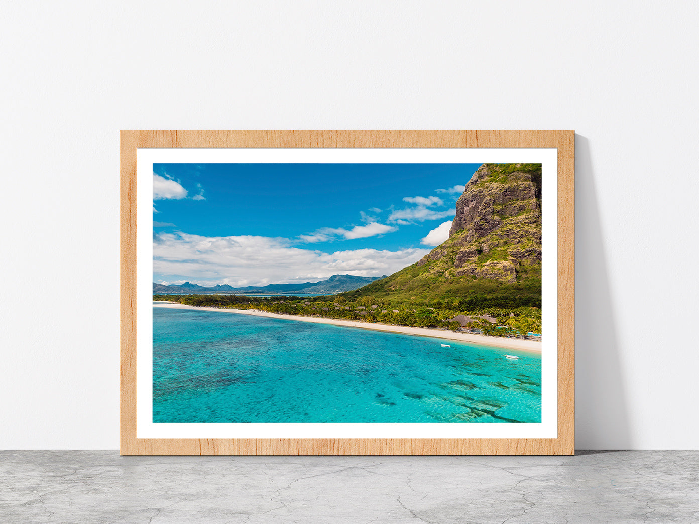 Le Morne Mountain In Island Beach Glass Framed Wall Art, Ready to Hang Quality Print With White Border Oak