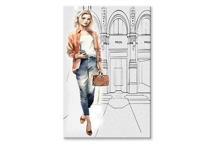 Stylish Girl with Fashion Store Wall Art Limited Edition High Quality Print Stretched Canvas None