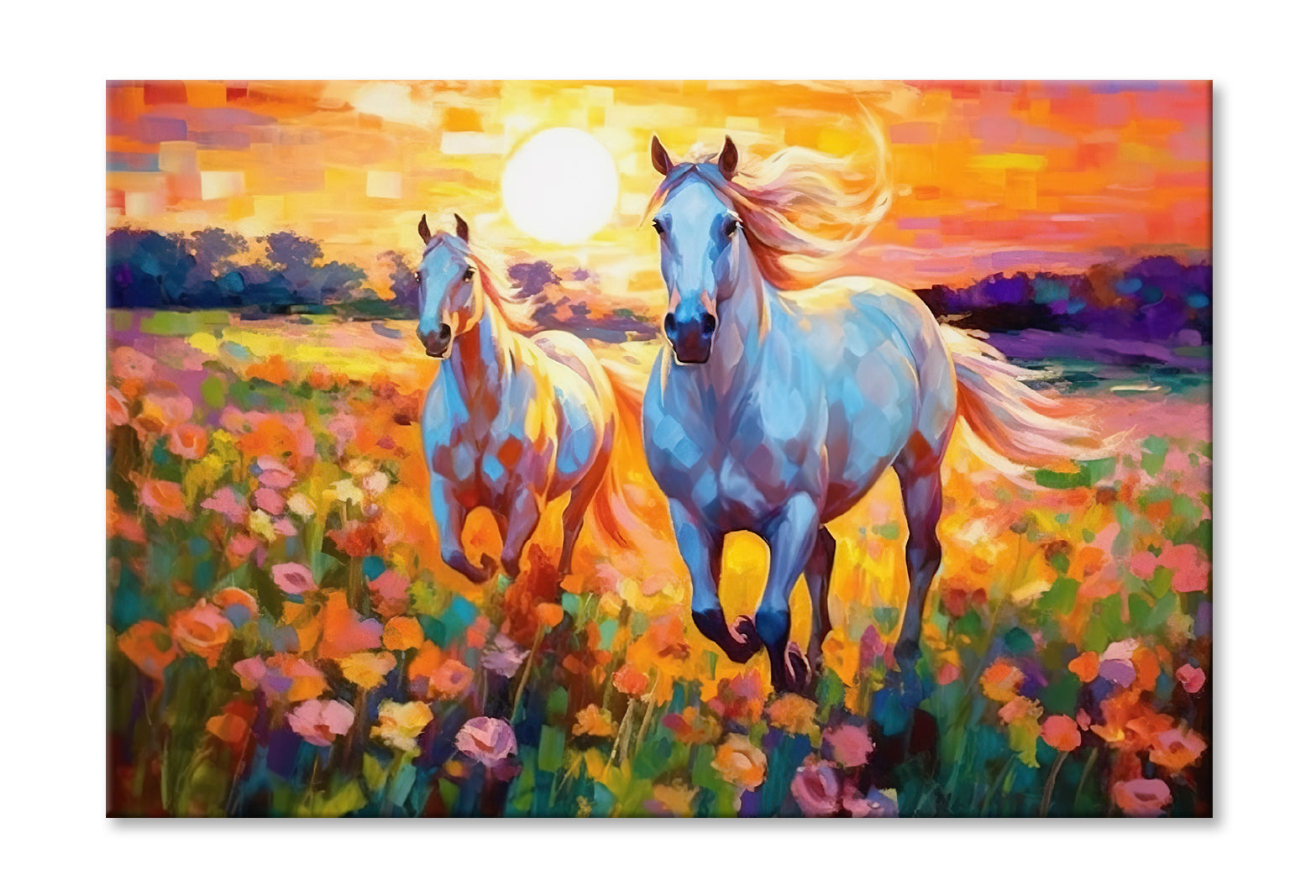 Pair of Horses Running in Colorful Flower Field Painting Wall Art Limited Edition High Quality Print Stretched Canvas None