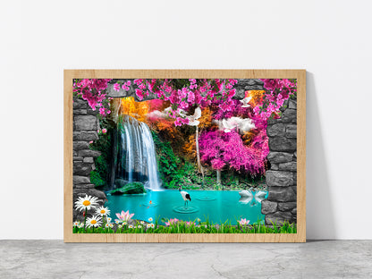 Nature & Stone Arch Waterfall Glass Framed Wall Art, Ready to Hang Quality Print Without White Border Oak