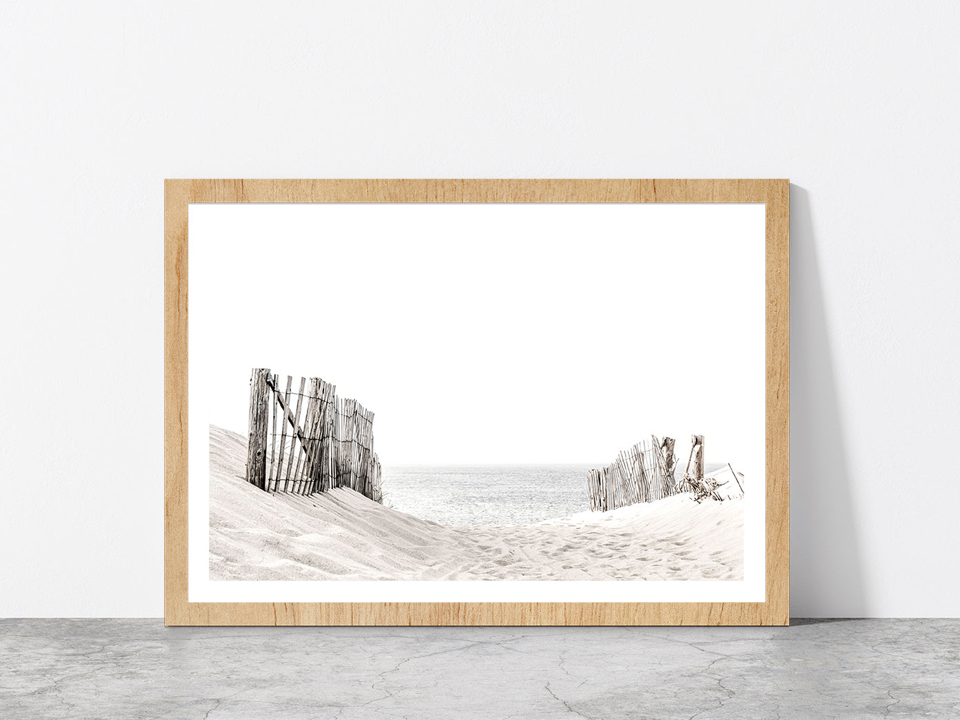 Beach Fence on Sandshore Faded Photograph Glass Framed Wall Art, Ready to Hang Quality Print With White Border Oak