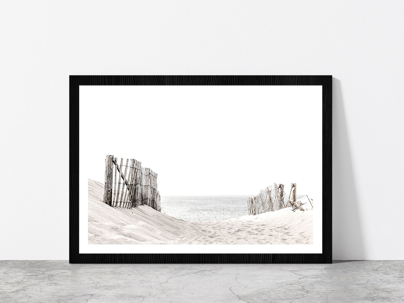 Beach Fence on Sandshore Faded Photograph Glass Framed Wall Art, Ready to Hang Quality Print With White Border Black