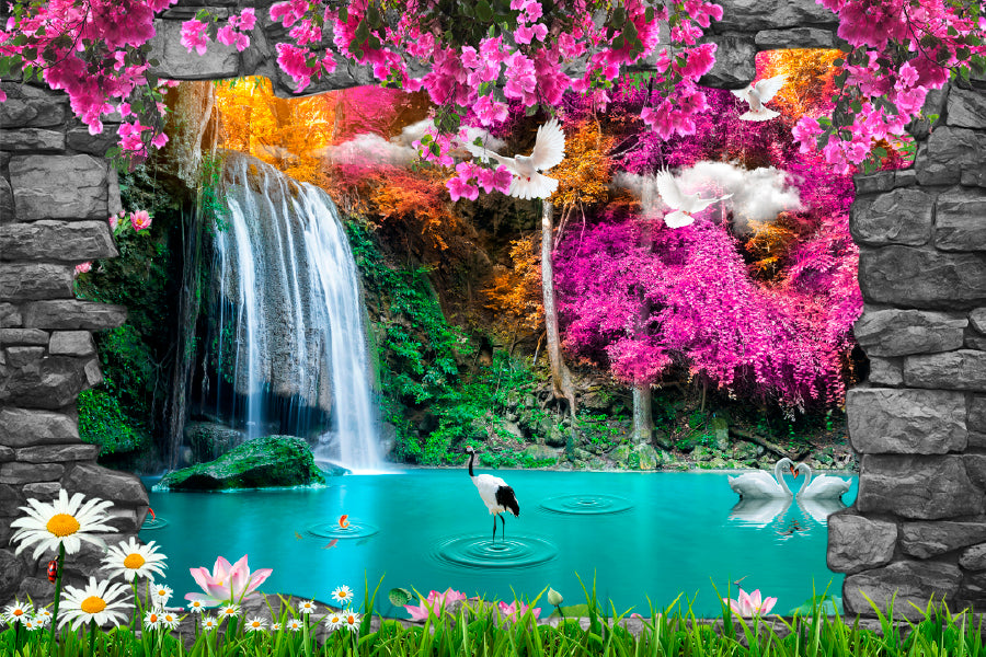 Nature & Stone Arch Waterfall Glass Framed Wall Art, Ready to Hang Quality Print