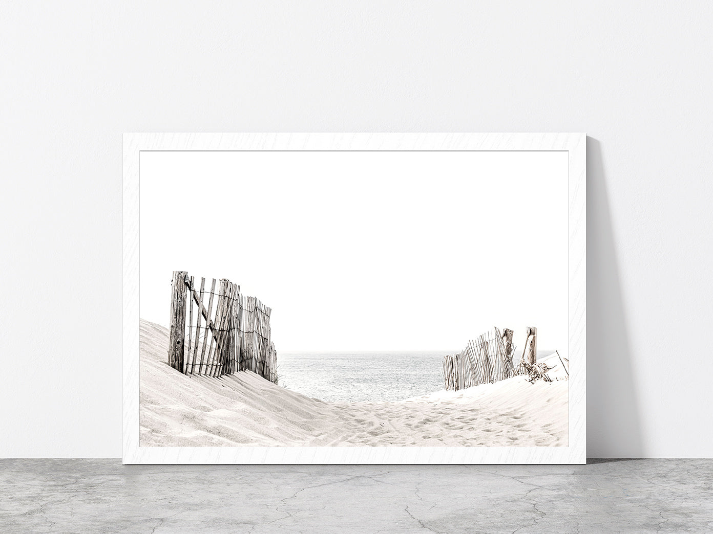 Beach Fence on Sandshore Faded Photograph Glass Framed Wall Art, Ready to Hang Quality Print Without White Border White