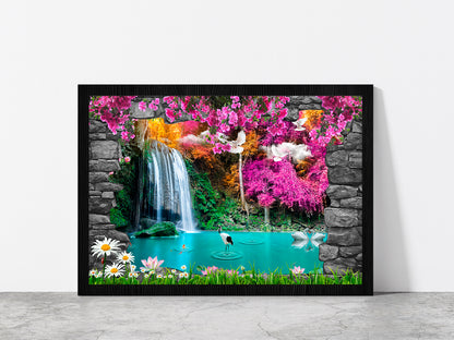 Nature & Stone Arch Waterfall Glass Framed Wall Art, Ready to Hang Quality Print Without White Border Black