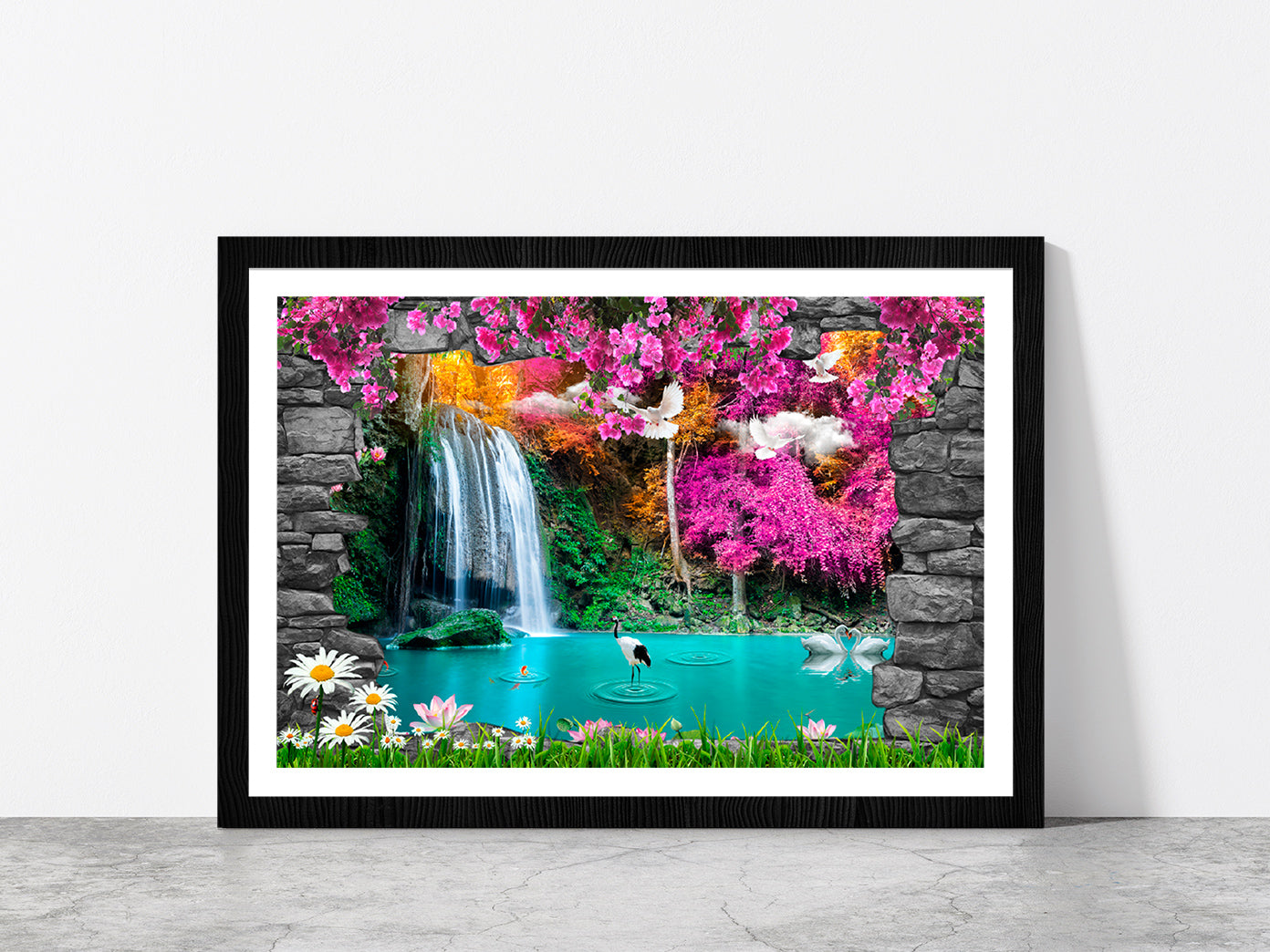 Nature & Stone Arch Waterfall Glass Framed Wall Art, Ready to Hang Quality Print With White Border Black