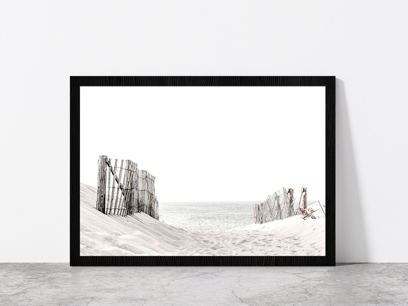 Beach Fence on Sandshore Faded Photograph Glass Framed Wall Art, Ready to Hang Quality Print Without White Border Black