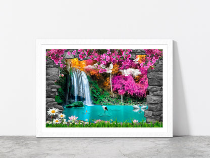 Nature & Stone Arch Waterfall Glass Framed Wall Art, Ready to Hang Quality Print With White Border White