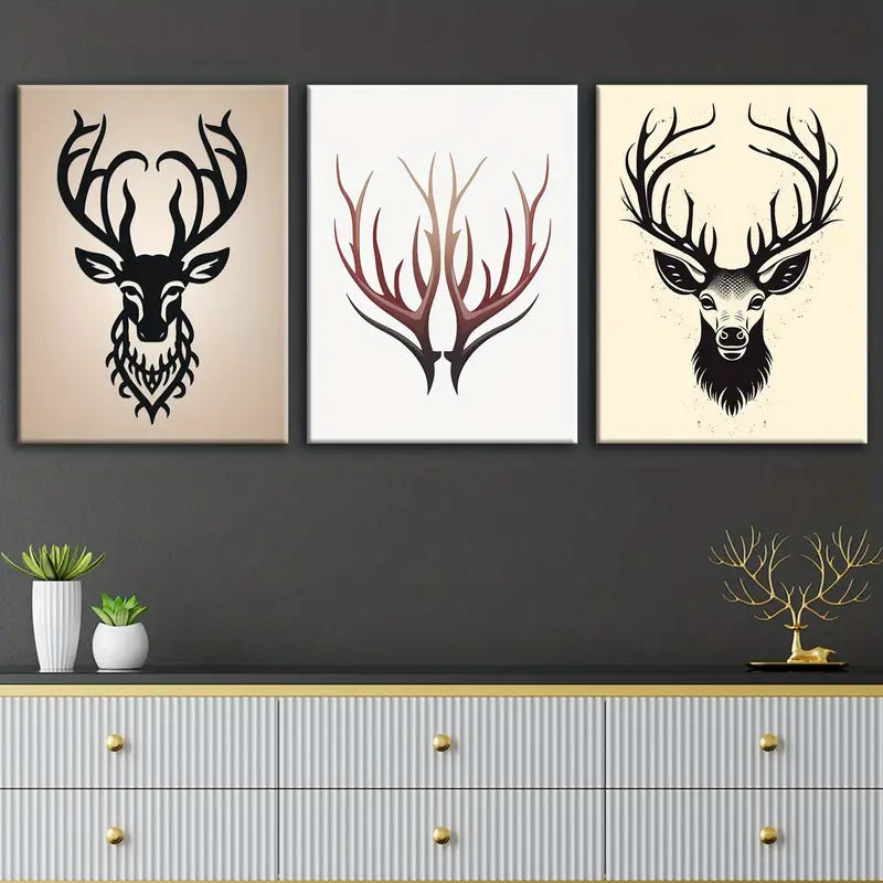 3pcs Deer Head Contemporary Design Metal Print Ready to Hang Art