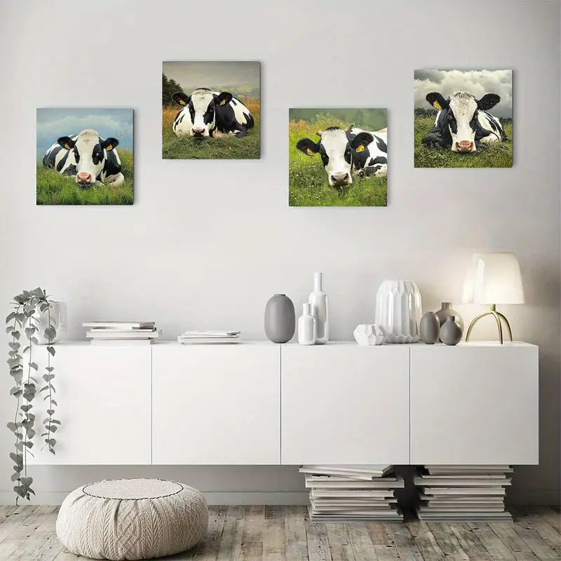 4pcs Chic Scenic Cows On Grass Wall Art Canvas Framed