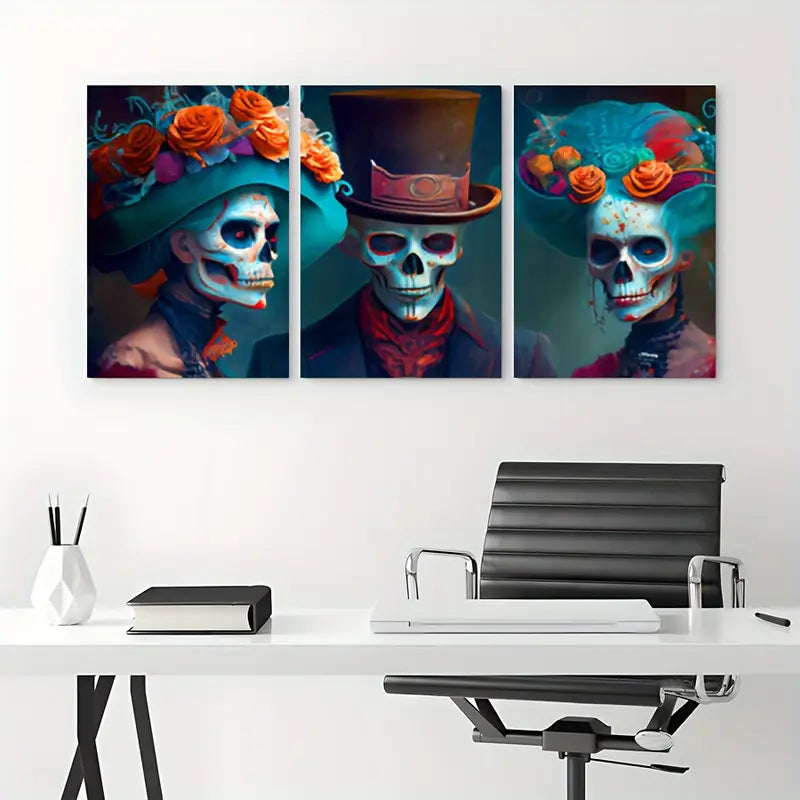 3pcs Vibrant Floral & Skull Designs Metal Print Ready to Hang Art