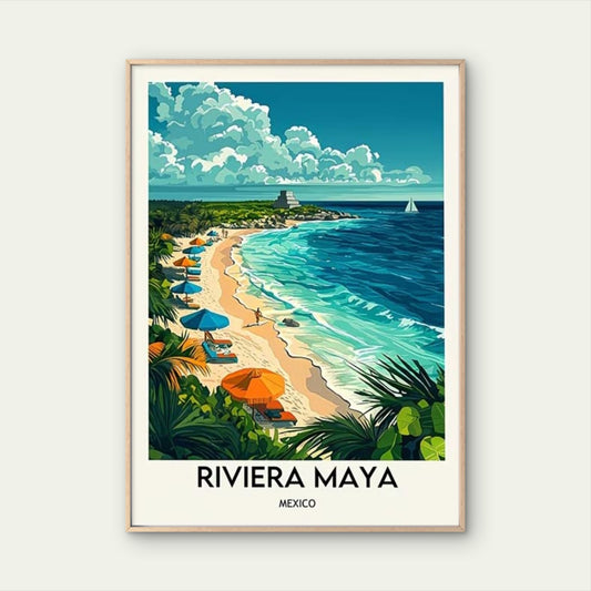 Golden sands along the Riviera Maya Travel Poster Print Wall Art