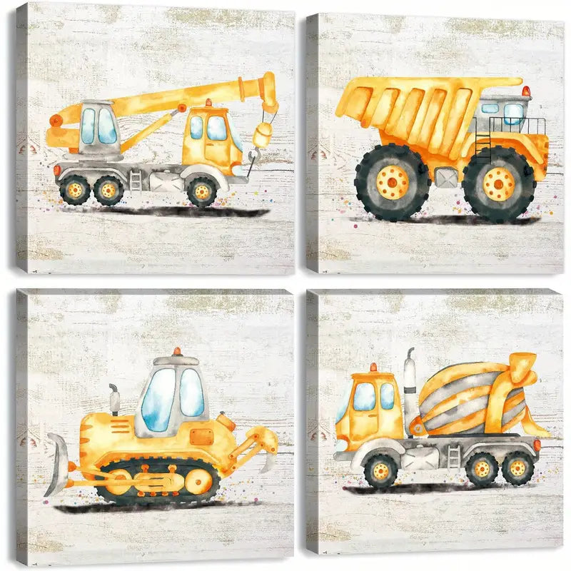 4pcs Truck, Tractor, Digger & Excavator Designs Wall Art Canvas Framed