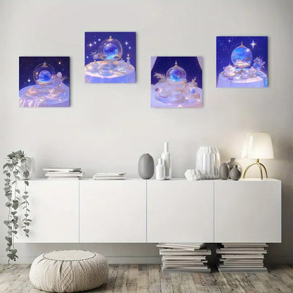 4pcs  Crystal Globe, Starry Night Sky & Teacup Designs Wall Art Canvas Framed