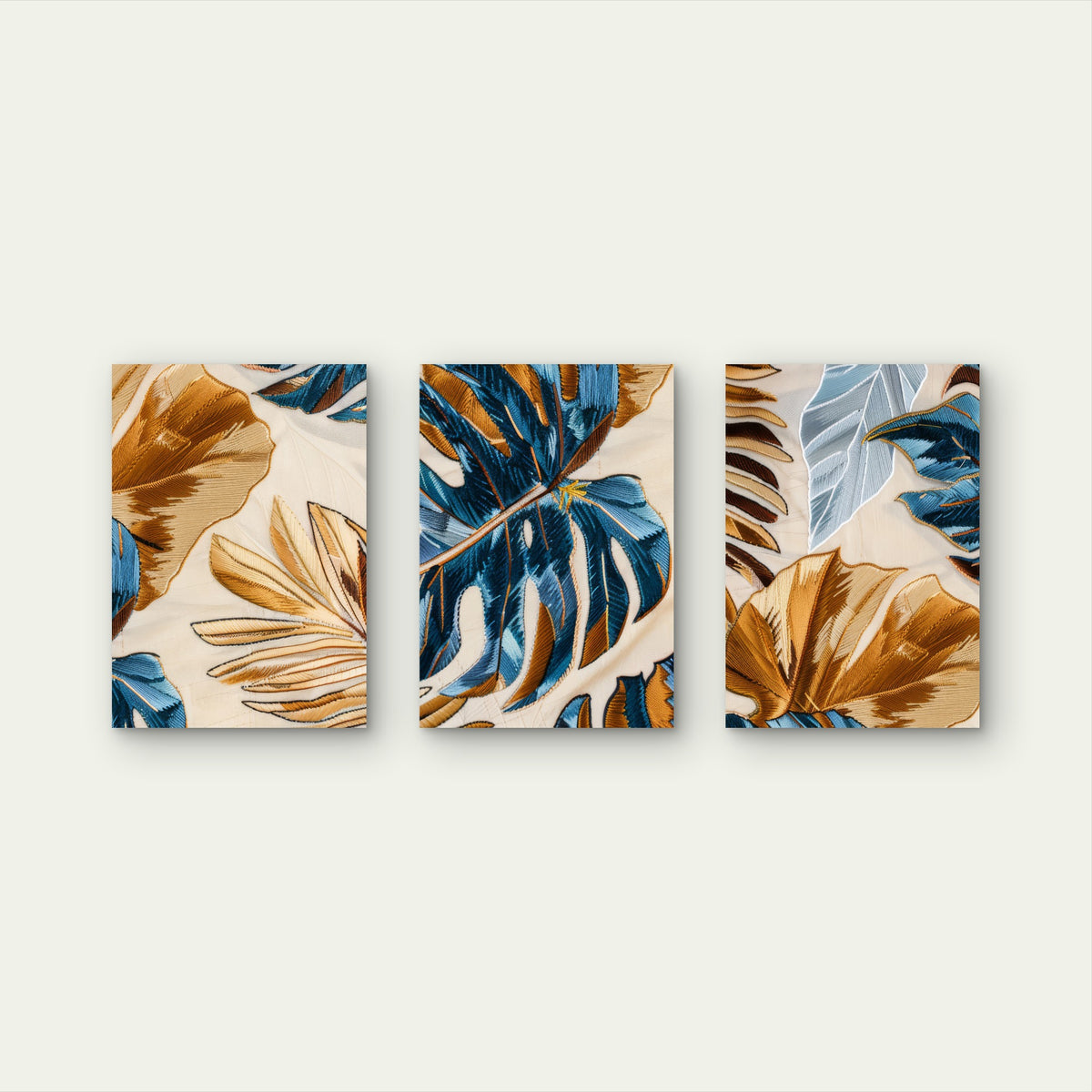 3pcs Blue And Gold Embroidered Tropical Palm Leaves Monstera Wall Art Set Canvas Framed 60x90cm- High Quality Print 100% Australian Made Wall Canvas Ready to Hang