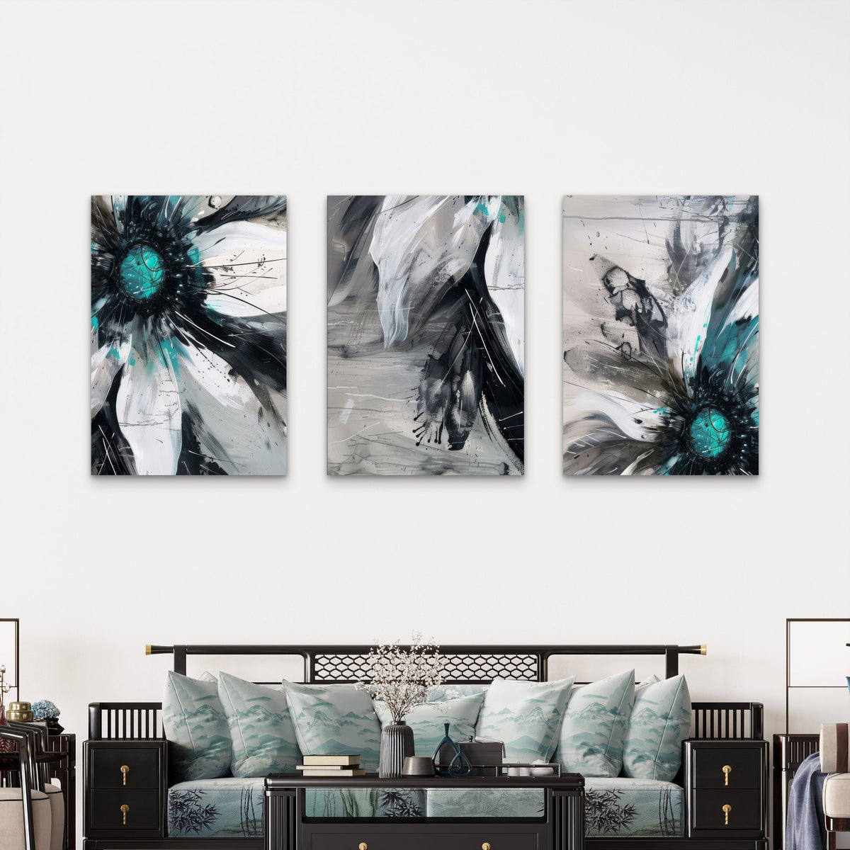 3pcs Abstract Teal Black White Flower Painting Wall Art Set Canvas Framed 60x90cm - High Quality Print 100% Australian Made Wall Canvas Ready to Hang