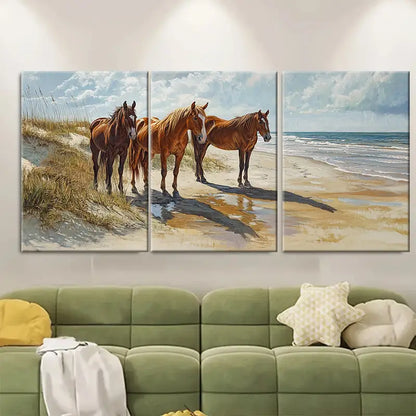 3pcs Outer Banks Wild Horses Beach Wall Art Set Canvas Framed 60x90cm - High Quality Print 100% Australian Made Wall Canvas Ready to Hang