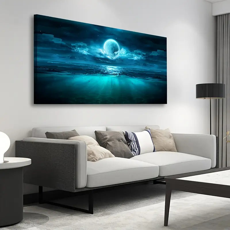 Moon Sea Blue Seascape Night Sky Wall Art canvas office home room framed 120x60cm