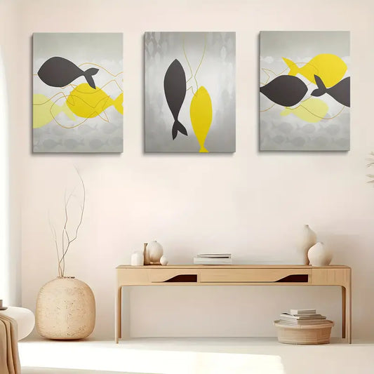3pcs Geometric Fish Pattern Black and Yellow Metal Print Ready to Hang Art