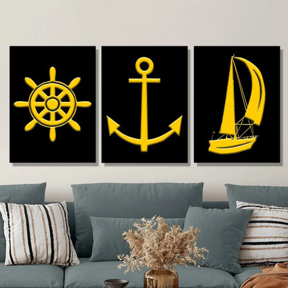 3pcs Yellow anchor, sailboat, Golden nautical silhouette Metal Print Ready to Hang Art