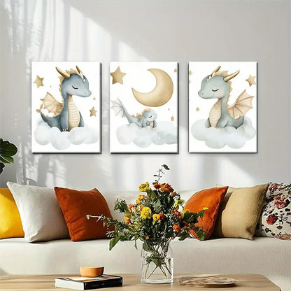 3pcs Dreamy Dragons with Soft Golden Stars and Moon Metal Print Ready to Hang Art
