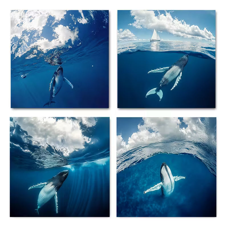 4pcs Sea Life Whale Underwater Wall Art Canvas Framed