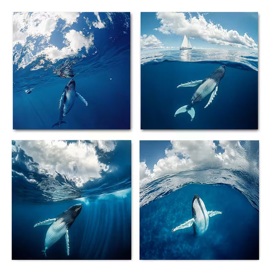 4pcs Sea Life Whale Underwater Wall Art Canvas Framed