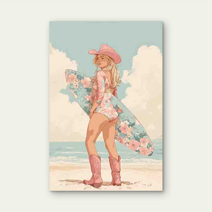 Floral Surf Cowgirl Metal Print Ready to Hang