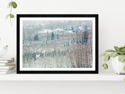 Snowy Winter Woodland Glass Framed Wall Art, Ready to Hang Quality Print With White Border Black