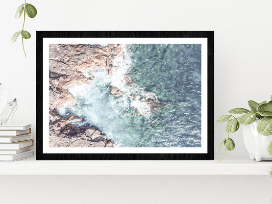 Sea Waves over Rocks Aerial View Photograph Glass Framed Wall Art, Ready to Hang Quality Print With White Border Black