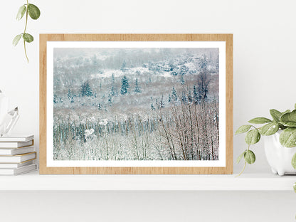 Snowy Winter Woodland Glass Framed Wall Art, Ready to Hang Quality Print With White Border Oak