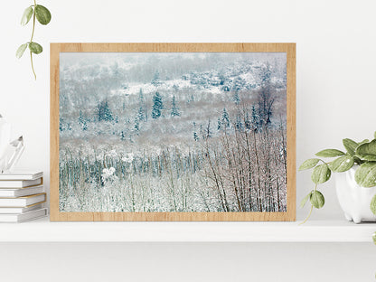 Snowy Winter Woodland Glass Framed Wall Art, Ready to Hang Quality Print Without White Border Oak