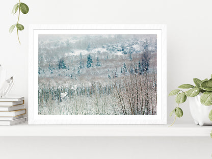 Snowy Winter Woodland Glass Framed Wall Art, Ready to Hang Quality Print With White Border White