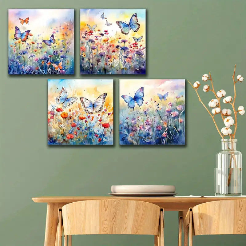 4pcs Colorful Wildflower Wall Art Butterfly Wall Art Canvas Framed