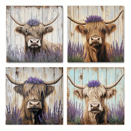 4pcs  Highland Cattle & Lavender CL   Wall Art Canvas Framed
