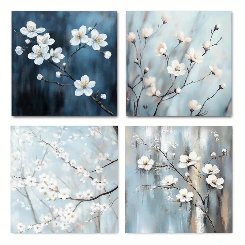 4pcs White Flower Elegant Tree And Bird Wall Art Canvas Framed