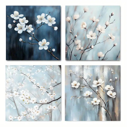 4pcs White Flower Elegant Tree And Bird Wall Art Canvas Framed