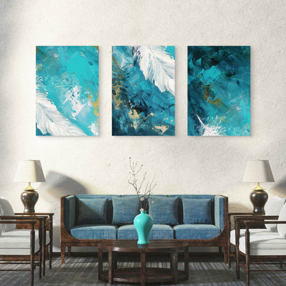 3pcs Modern Teal Turquoise Gold Feather Wall Art Set Canvas Framed 40x60cm - High Quality Print 100% Australian Made Wall Canvas Ready to Hang