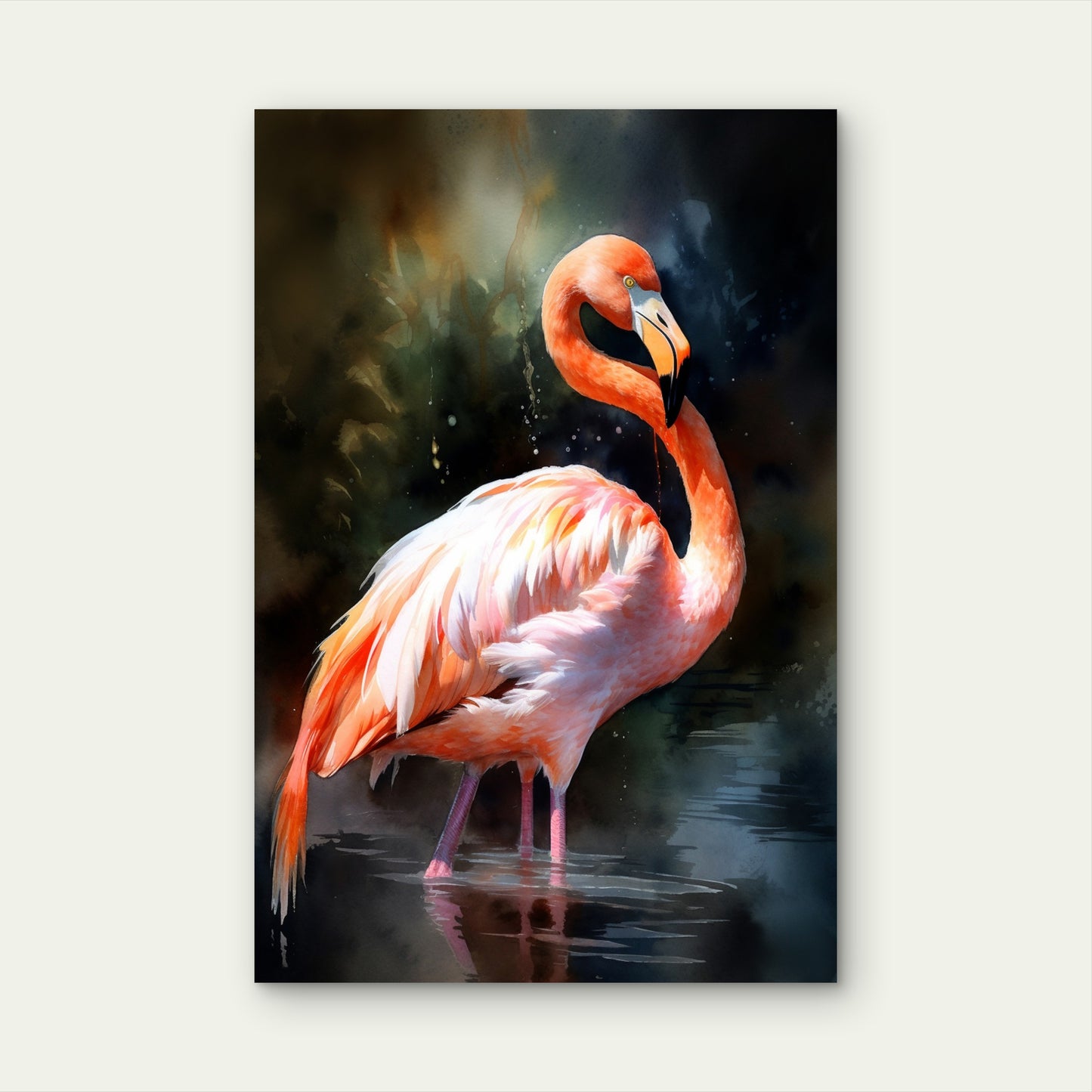 Painting Flamingo With Black Background 60x90cm Metal Print Ready to Hang
