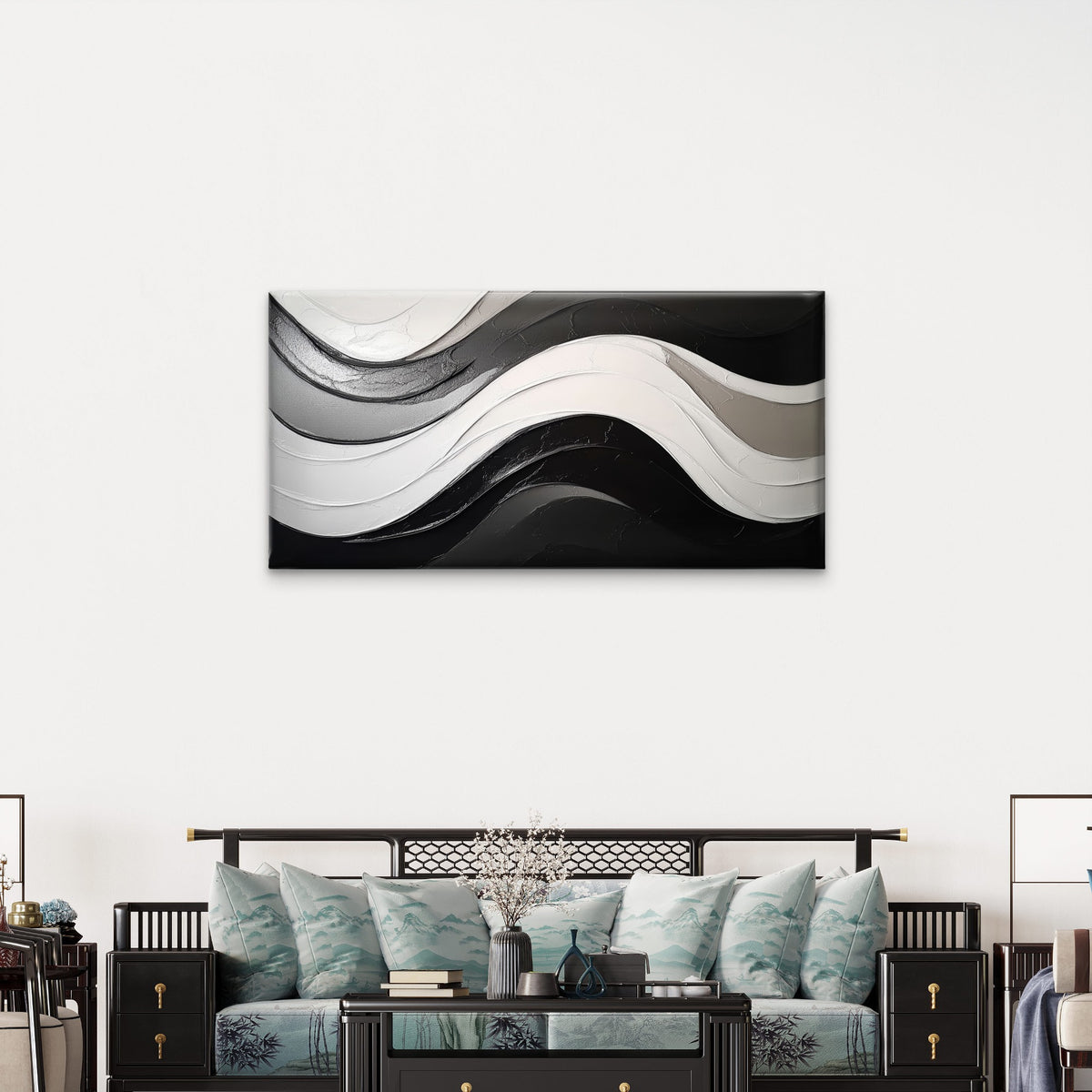 Modern Black White Abstract Wave Wall Art Canvas Office Home Framed 120x60cm