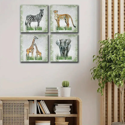4pcs Retro Elephant With Zebra Green Plants Wall Art Canvas Framed