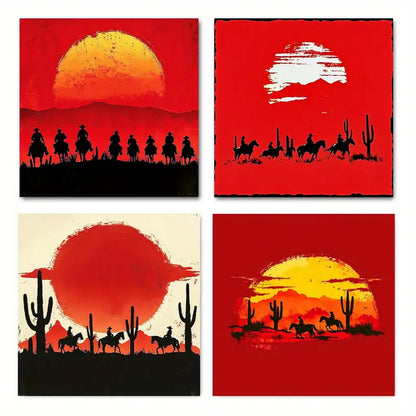 4pcs Red Sunset Cowboy Western WC    Wall Art Canvas Framed