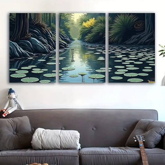 3pcs Pond Landscape Nature Painting Wall Art Set Canvas Framed 60x90cm - High Quality Print 100% Australian Made Wall Canvas Ready to Hang