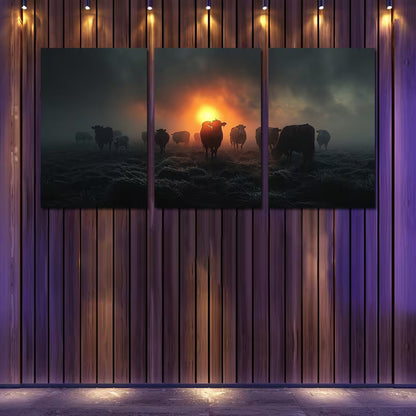3pcs Rustic Sunset Cows and Sheep Wall Art Set Canvas Framed 50x70cm - High Quality Print 100% Australian Made Wall Canvas Ready to Hang