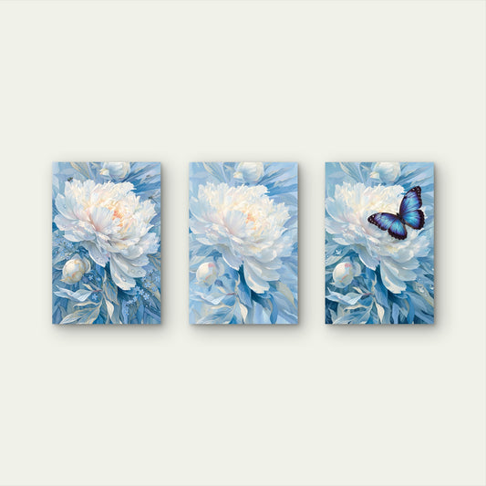 3pcs White Peony Blue Butterfly Floral Wall Art Set Canvas Framed 50x70cm - High Quality Print 100% Australian Made Wall Canvas Ready to Hang