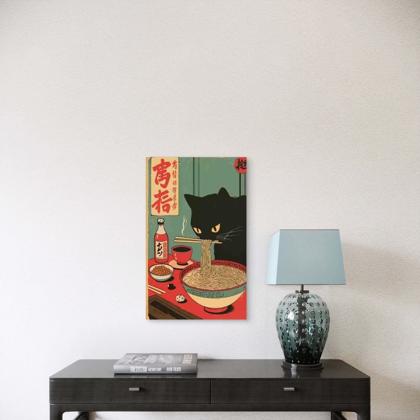 Black Cat Eating Ramen Japanese Retro Style 60x90cm Metal Print Ready to Hang
