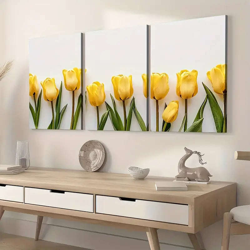 3pcs Minimalist Modern Floral Art Yellow Flowers Wall Art Set Canvas Framed 40x60cm - High Quality Print 100% Australian Made Wall Canvas Ready to Hang